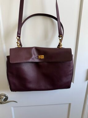 Hedexe Genuine Leather Structured Satchel in Deep Plum with Gold Hardware